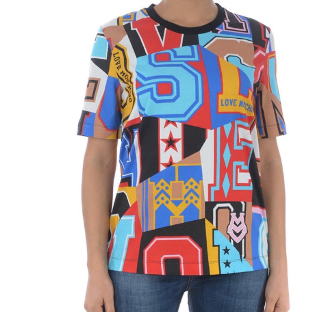 LOVE MOSCHINO Graphic Patchwork Logo T-Shirt – Size XL